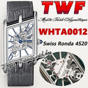 TWF TW0012 스위스 Ronda 4S20 Quartz Mens Watch Montre Asymetrique Unisex 시계 강철 케이스 스켈레톤 다이얼 스틱 마커 그레이 가죽 슈퍼 에디션 영원한 시계