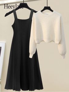 Two Piece Dress Fall Winter Warm Knitted Dresses Sets Office Ladies Elegant Solid Sweater And Straped Knitting Pieces For Women 221010