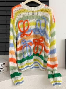 Camisolas femininas manga comprida mohair suéter vintage mulher inverno 2022 gola redonda lã arco-íris listras pulôver design roupas
