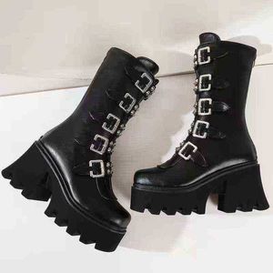 Designer Boots New Ladies Punk Rock Platform High Heeled with Thick Soled Handsome Rear Zipper Large Size Stage 220815