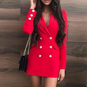 Dresses Dress For Women 2022 OL Double Breasted Button Short Blazer Dress Workwear V-neck Long Sleeve Autumn Solid Red Casual Mini Dress