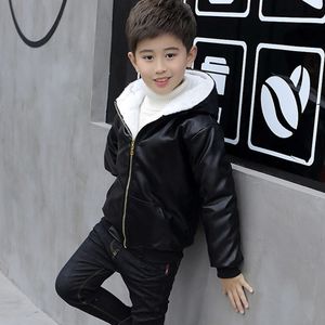 Jackets 6 9 10 11 12 Years Children Boys Girl Hooded Fur Zipper Biker Leather Jacket Winter Warm Fleece Coat Teenager Outerwear 221010