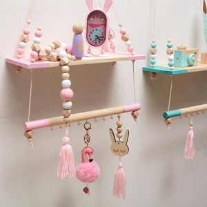 Hooks Nordic Children Room Decorative Storage Rack Double Wooden Bead Tassels Shelves Wall Rope Hanging Shelf Home Hook Kids Coat