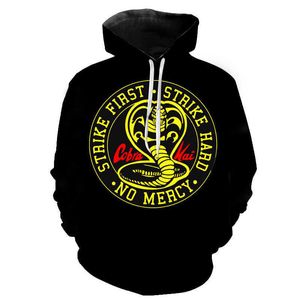 Herrtröjor tröjor nya cobra kai 3d tryckta casual hoodies män kvinnor barn mode pullover pojke flickor barn tröjor streetwear klädtoppar t221008