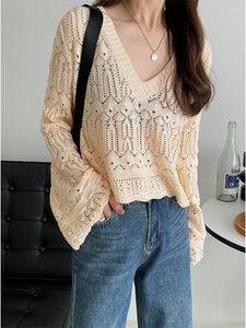 Damenpullover Korobov Herbst Y2k Kleidung Einfache solide gestrickte Crop Tops aushöhlen Pullover V-Ausschnitt Pullover koreanische Mode Sueters De