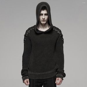 Men's Sweaters PUNK RAVE Men Vintage Hooded Sweater Cotton Wool Knit Old Water Wash Texture Pu Leather Decoration Handsome