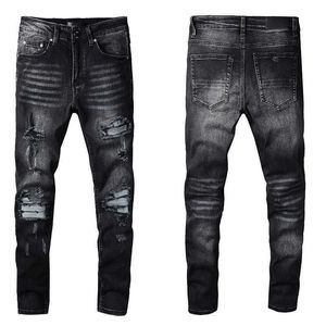 Mens Skinny Fits Ripped Jeans Black For Guys Knee With Gray Patch Slim Pants Wearing Cropped Biker Denim Stretch Distressed Motor Trendy