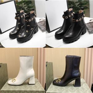 Designer de moda botas femininas pequenas abelhas martin chelsea couro preto e branco z￭per diamante de diamante grosso botas de combate de neve