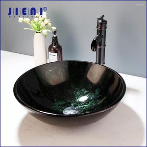 Bathroom Sink Faucets JIENI Green Stone Color Round Wash Basin Set Tempered Glass And Oil Rubbed Bronze Faucet