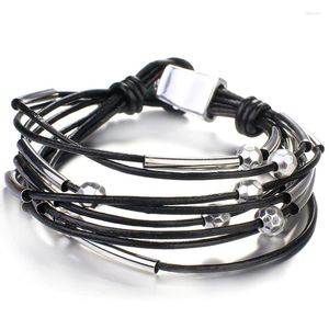 Charm Bracelets Amorcome Multi Strand Black Leather Bracelet For Women Boho Silver Color Beads Wrap Jewelry Gift
