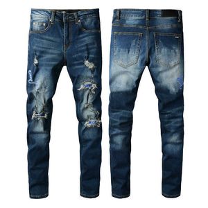 Jeans masculinos azul com letra calça designer angustiada cortada para homem Slim Fit Reparado lin chino estriado fino de jeans tapperado longo