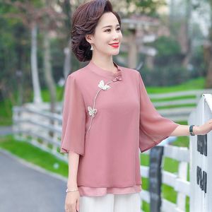 Blusas femininas chiffon mulheres tops verão estilo chinês meia manga decoração de borboleta casual colar de stand-up blusas mm0336