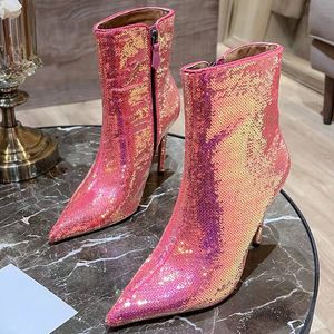 Lyxdesigner Ankelstövlar Formella damer Pointy Toe Sequined Party Prom Evening Dress Shoes Women's High Heel Boots
