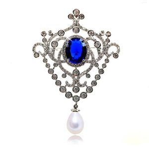 Brooches Royal Vintage Open Scroll Blue Oval Stone Art Deco Brooch Badge Pin With Pearl Drop Prom Gala Party Dress Gown Victorian Jewelry