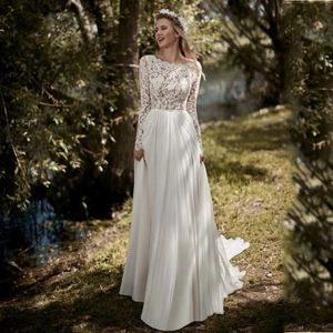 Abiti da sposa Boho in chiffon di pizzo maniche lunghe 2022 Abito da sposa aperto sul retro Abito da sposa vintage lungo fino al pavimento in avorio bianco