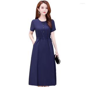 Casual Dresses 2022 Summer Midi Women O-Neck Short Sleeve Solid Everyday Dress A-line Office Ladies Vintage