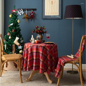 Tkanina stołowa Ins Nordic Christmas Red Grid retro obrus bawełniana i lniana okrągła jadalnia moojou