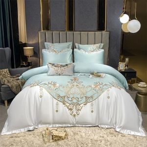 Set di biancheria da letto Set copripiumino in cotone con ricamo in raso Set biancheria da letto in patchwork bianco verde di lusso Copriletto Copriletto Federe King Queen Size 221010