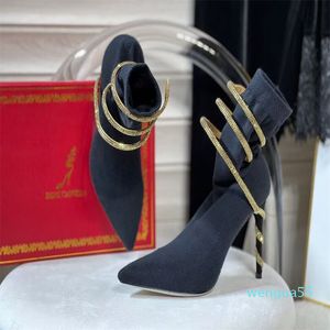 Rene Caovilla 여성 발목 부츠 Black Knit Boots Cleo Thin Heel Gold Snake Bootie Luxury Designer 35-42