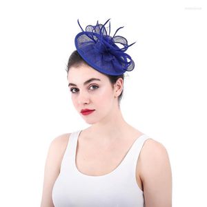 Headpieces Wedding Bridal Small Hat Blue Flax Mesh Feather Flower Ribbon Bride Headband Elegent Vintage Hats Handmade Hairbands