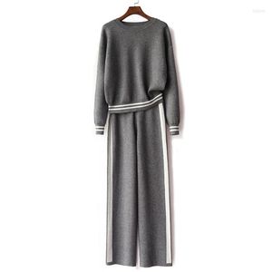Women's Two Piece Pants Winter Wool Suit Women 2022 Casual Crew Neck Pullover Sweater And Wide Leg Knitted