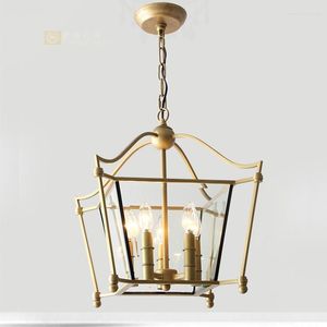 Kolye lambaları Amerikan yaratıcı restoran ferforje retro altın kare lamba basit cam çocuk odası yatak odası avize sundurma