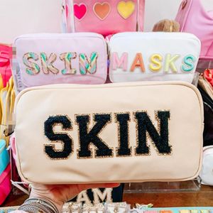 Kosmetiktaschen Hüllen Lager Ganze Multi Farben Wasserdichte Nylontasche Kosmetiktasche Frauen Buchstaben Patch DIY Make-up-Tasche Teenager larg273y