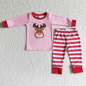 Set di abbigliamento Bambini Ricamo di Natale Vestiti di renna Pigiama a maniche lunghe rosa Vendita all'ingrosso Pantaloni a righe per bambina Set di cervi per bambini