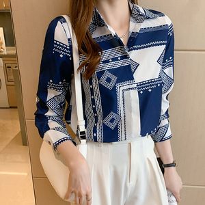 Blue Blue Printage Print Print Silk camisa feminina Blusa de manga comprida 2022 Moda de mola de mola camisetas de seda