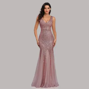 Sonderanschläge Kleider Pailletten Mesh Mermaid Evening V-Ausschnitt ärmellose Brautjungfer elastisches Partykleid 90813