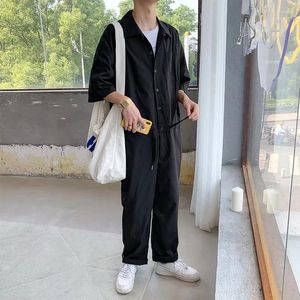 Herrbyxor mode män romper jumpsuit med bälte halva ärm streetwear casual playsuit last overalls harajuku fritid