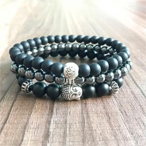 Strand 3 Pc Sets Men's Bracelet Natural Stone Beads Jewelry Matte Black Onyx Year Gift