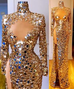 2022 Plus Size Arabic Aso Ebi Gold Sequined Sexy Prom Dresses Long Sleeves High Split Evening Formal Party Second Reception Gowns Dress