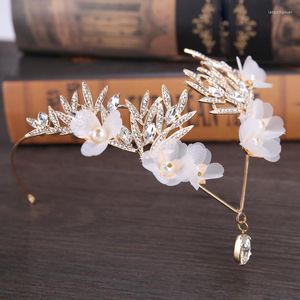 Headpieces Korean Style Women Pearl Crystal Flower V Shape Water Drop Crown Tiara Hairwear Wedding Bridal Jewelry Hair Accessory LXH
