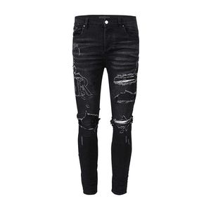 Mens Jeans Designer with Letters Holes Black Thigh Ripped Ankle Tattered Torn Pants Rugged Knee Cut Trashed Silm Fashion Long Straight