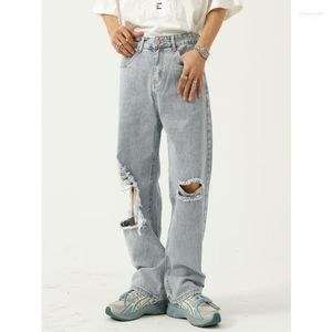 Männer Jeans Herren 2022 Sommer Koreanische Mode Lose Große Loch Design Casual Männer Trend Hellblau Gerade Für