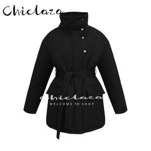 Womens Down Chiclaza Mulheres Moda Inverno Grosso com Cinto Parkas Casaco Feminino Bolsos Casuais Selvagem Mangas Compridas Quente Outwear Senhoras 221010