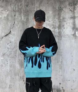 Men's Sweaters Hip Hop Pullover Men Women Blue Pink Fire Flame Knitted Oversized Harajuku Streetwear Tops Casual Couple G221010