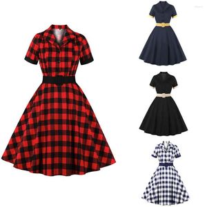 Casual Dresses Women Vintage Plaid Dress Retro Rockabilly V-Neck Cocktail Party 1950s 40s Swing Summer Short Sleeves