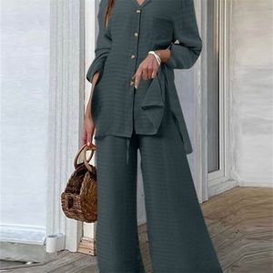 여자 2 피스 팬츠 셀비아 여성 2 pcs 세트 견고한 패션 옷깃 칼라 긴 슬리브 셔츠와 넓은 다리 긴 바지 세트 캐주얼 한 느슨한 포켓 슬릿 정장 221010