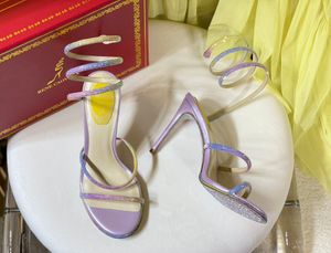 Rene Caovilla Cleo Open Tooe Sandals Crystal装飾スパイラルヘビテールサンダルラインストーンサンダル女性最高品質ホットマルーンスティレットヒールシューズaaaa