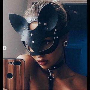 Suministros de fiesta Cat Cosplay Half Face Leather Masks Masquerade PU Punk Restricciones Roleplay Sexy Toy Whip Ball Bondage Collar Eyes