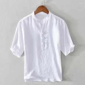 Camisetas masculinas Marca de estilo chinesa linho mass moda solta stand stand colar de camiseta