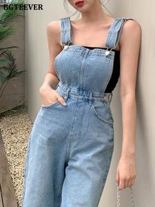 Frauen Jeans BGTEEVER Sommer Mode Lose Frauen Hosenträger Denim Hosen Casual Ärmel Taschen Damen Breite Bein Overalls Hosen 221011