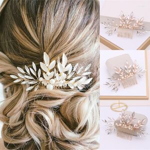 Haarclips Trendy Gold Pearl Crystal Leaf Comb Pin Band For Women Bride Party Bridal Wedding Accessories Sieraden ornamenten
