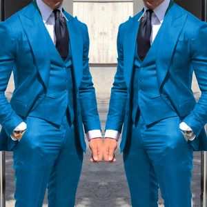 Novo lago azul noivo Tuxedos pico lapela slim fit groomsmen vestido de noiva excelente jaqueta de homem blazer de 3 pe￧as