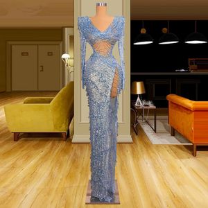 Fashion Sky Blue Prom Dresses Long Sleeves Lace Split Party Dresses Tassels Floor Length Custom Made Evening Dress