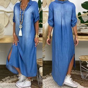 Casual Dresses Women Dress Vintage Summer V Neck Half Sleeve Side Slitting Hem Loose Long Denim