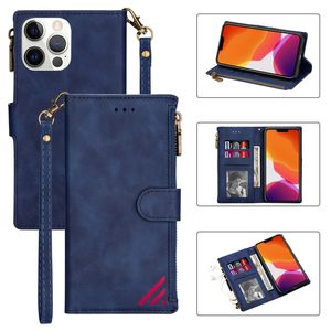 Retro Rope Magnetic Folio Zipper Phone Cases for iPhone 14 13 12 Mini 11 Pro Max XR XS 7 8 Plus Multiple Card Slots Matte Leather Wallet Chain Kickstand Protective Shell