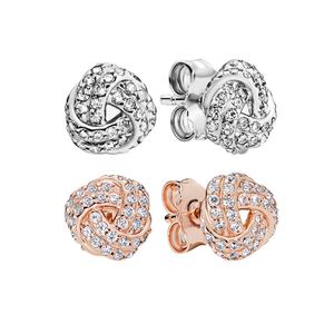 Gül Altın Knot Saplama Küpe 925 STERLING Gümüş Düğün Partisi Takı Kadınlar için Kızlar Pandora CZ Elmas Tasarımcı için Orijinal Kutu Küpe Set Fabrika Toptan